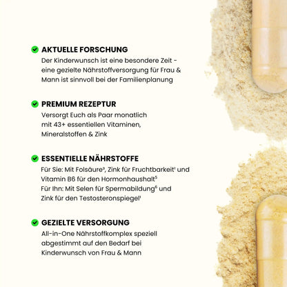 Vorteile Supplement Wonder Kinderwunsch Frau und Mann - Nach aktueller Forschung, Premium Rezeptur mit essentiellen Nährstoffen für gezielte Versorgung