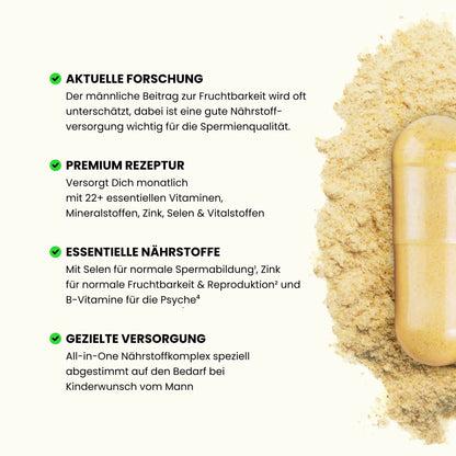 Vorteile Supplement Wonder Kinderwunsch Mann - Nach aktueller Forschung, Premium Rezeptur mit essentiellen Nährstoffen für gezielte Versorgung