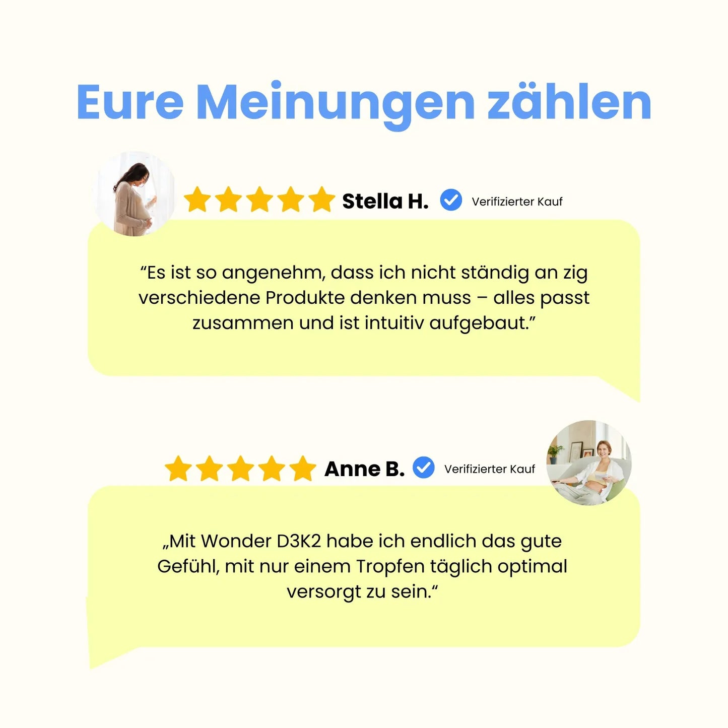 Positive Kundenbewertungen für Wonder Vitamin D3 K2 Öl von zwei Frauen