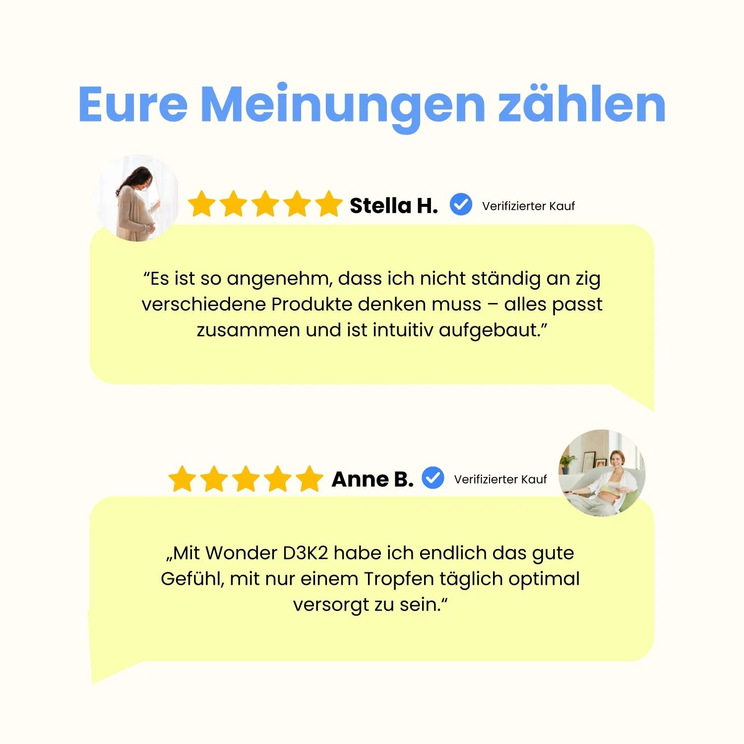 Positive Kundenbewertungen für Wonder Vitamin D3 K2 Öl von zwei Frauen