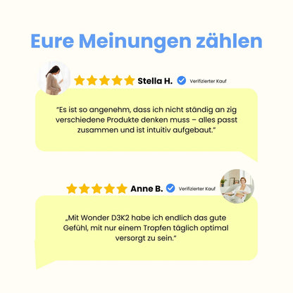 Positive Kundenbewertungen für Wonder Vitamin D3 K2 Öl von zwei Frauen
