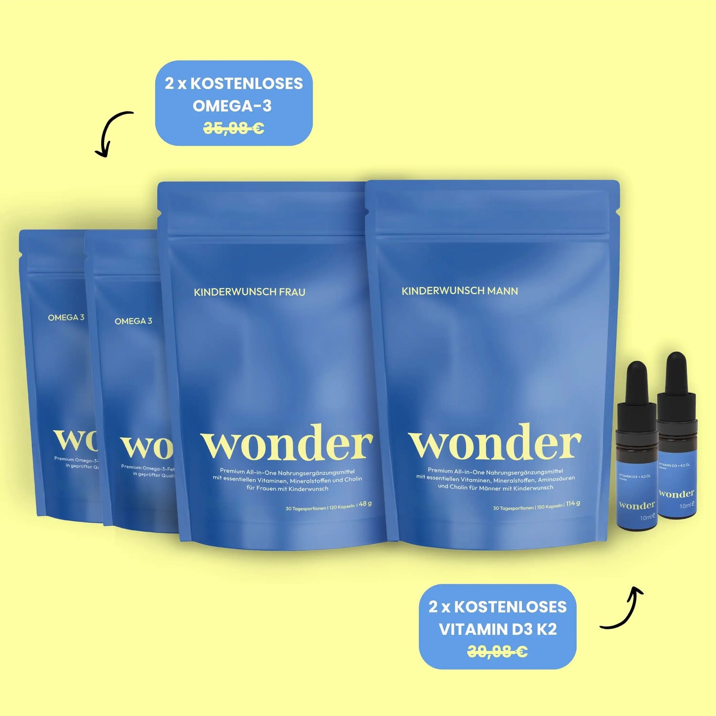 Produkt Mock ups Wonder Kinderwunsch Frau, Kinderwunsch Mann, Omega-3 und Vitamin D3 K2
