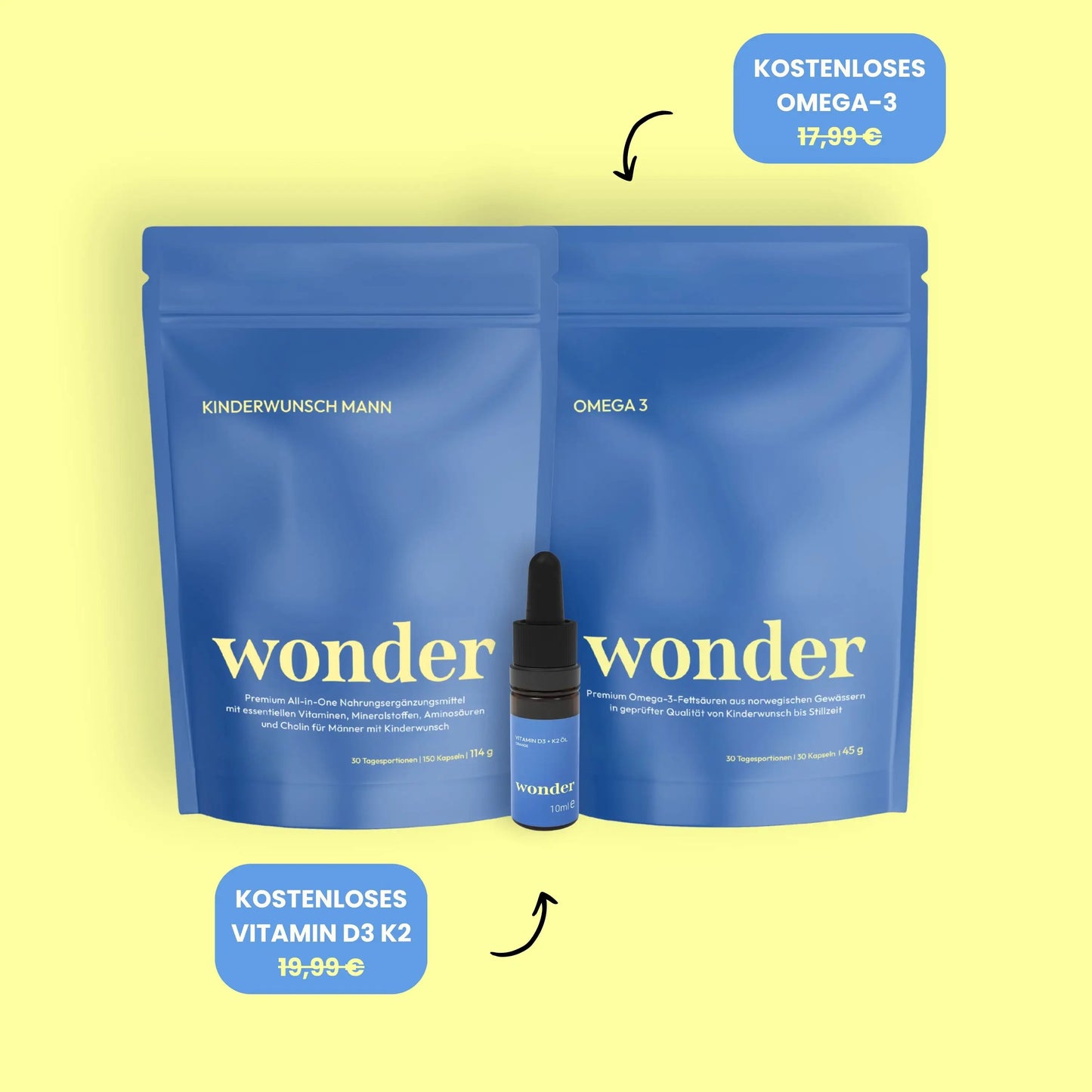 Produkt Mock ups Wonder Kinderwunsch Mann, Omega-3 und Vitamin D3 K2