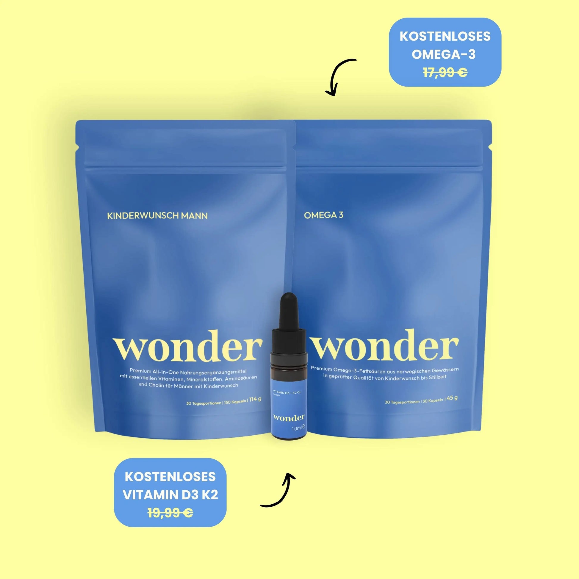 Produkt Mock ups Wonder Kinderwunsch Mann, Omega-3 und Vitamin D3 K2
