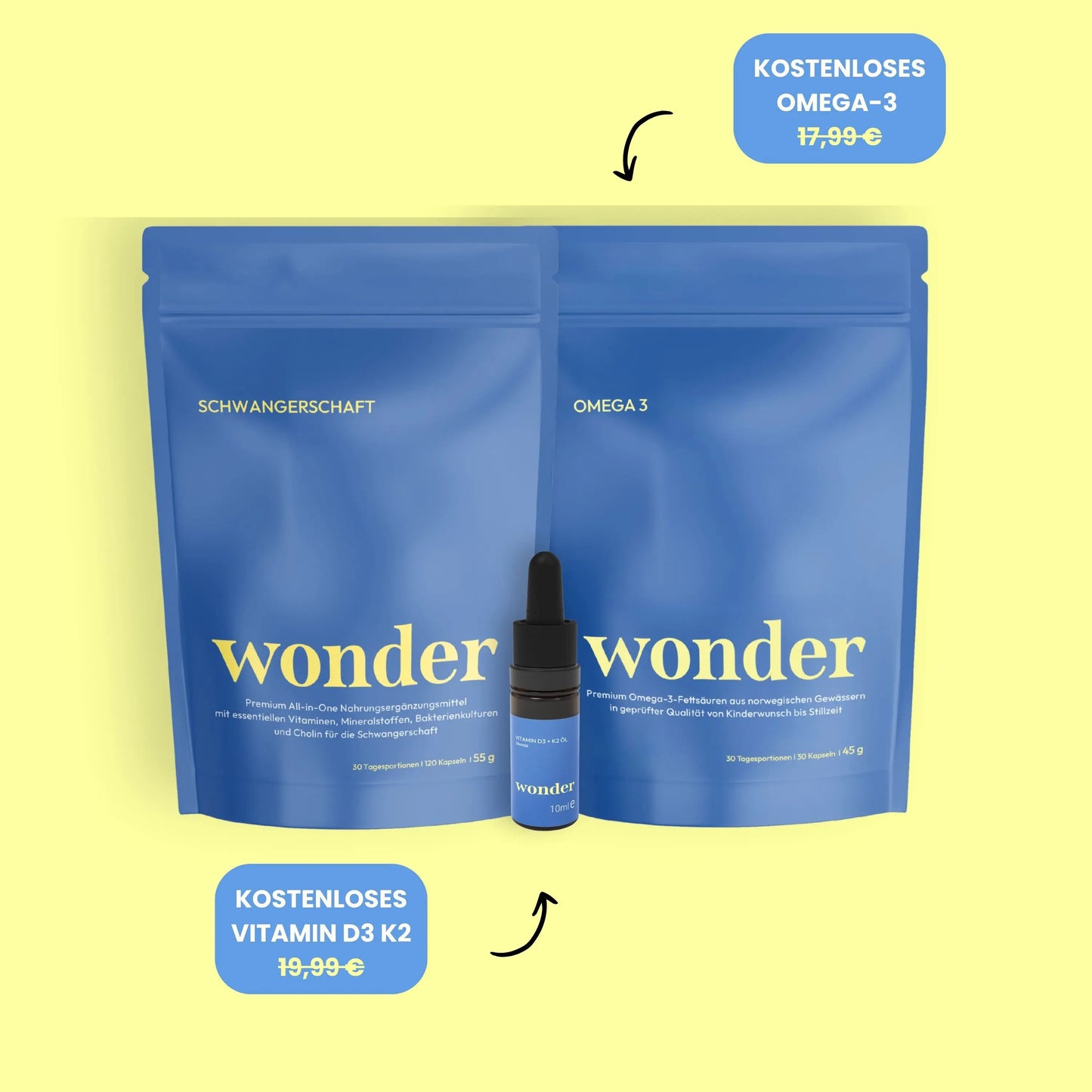 Produkt Mock ups Wonder Schwangerschaft, Omega-3 und Vitamin D3 K2