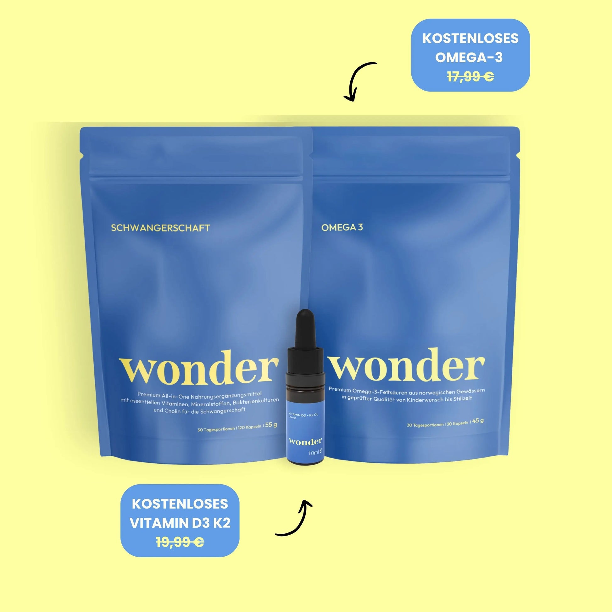 Produkt Mock ups Wonder Schwangerschaft, Omega-3 und Vitamin D3 K2