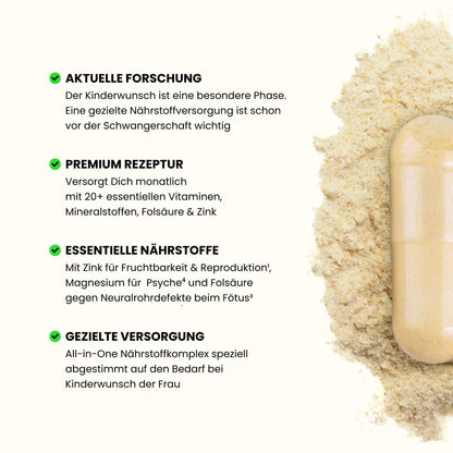 Vorteile Supplement Wonder Kinderwunsch Frau - Nach aktueller Forschung, Premium Rezeptur mit essentiellen Nährstoffen für gezielte Versorgung